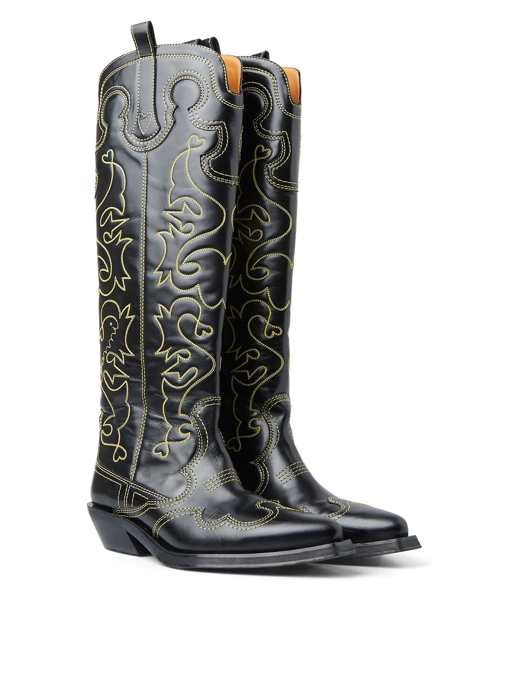 GANNI Knee High Embroidered Western Boot Black/Yellow | THE FLAMEL®